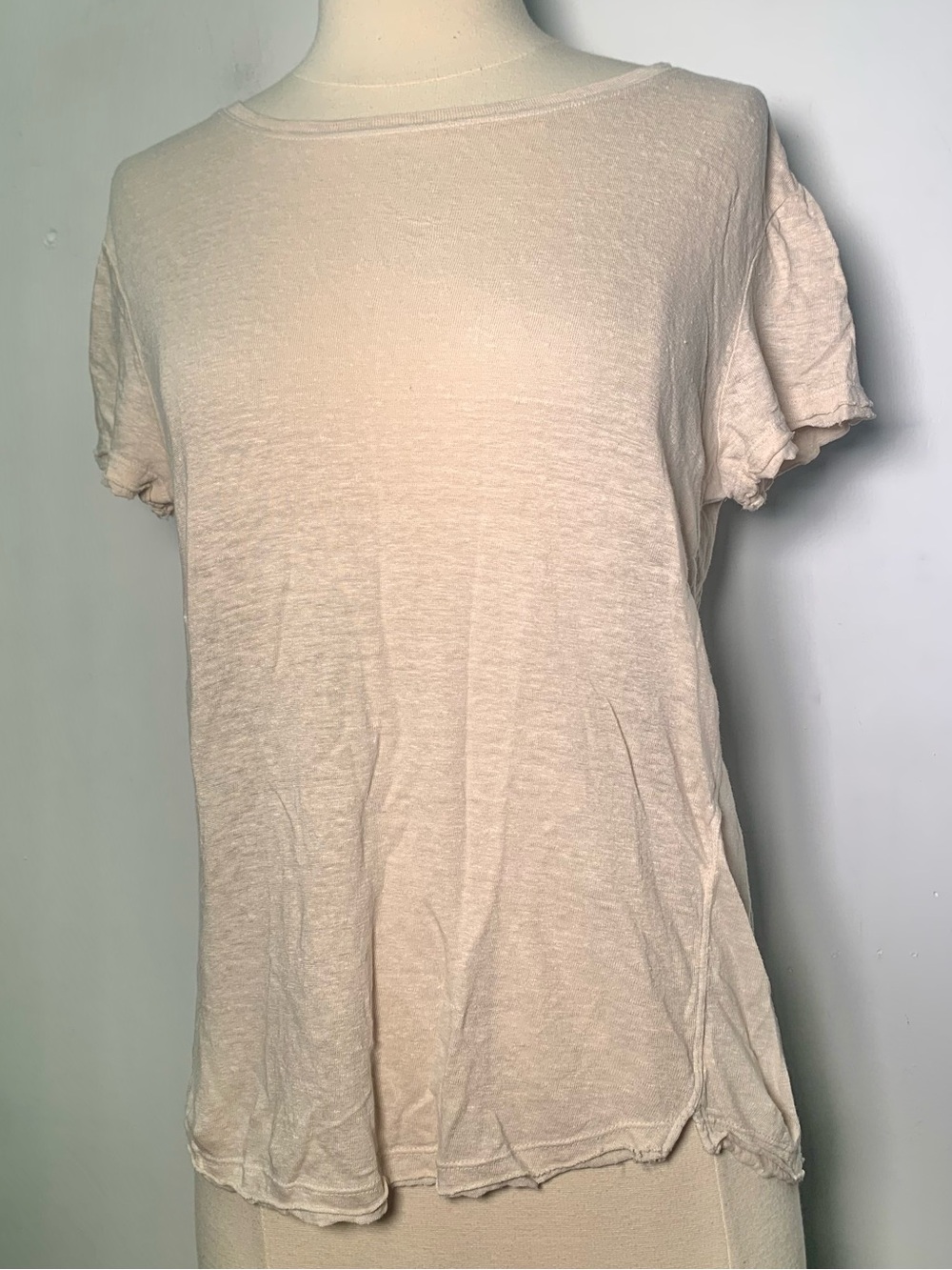 FRAME 100% Organic Linen Short Sleeve Tee Top Beige SONE XS summer beach raw hem